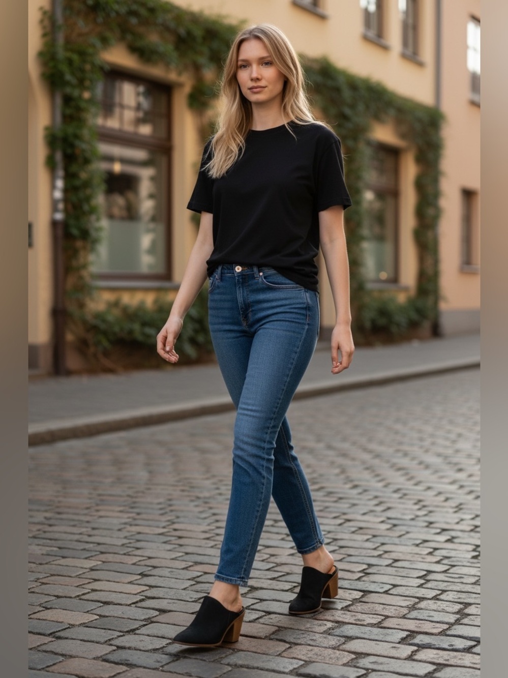 Time and Tru Black Slip-On Block Heel Mules with Tan Stacked Heel